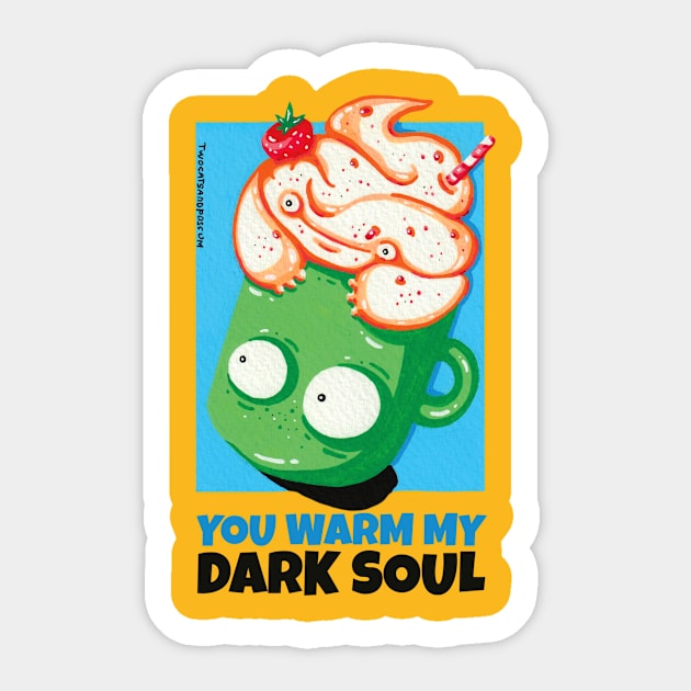 You Warm My Dark Soul! Black coffee with cream in a green mug funny cartoony characters Sticker by Twocatsandpossum